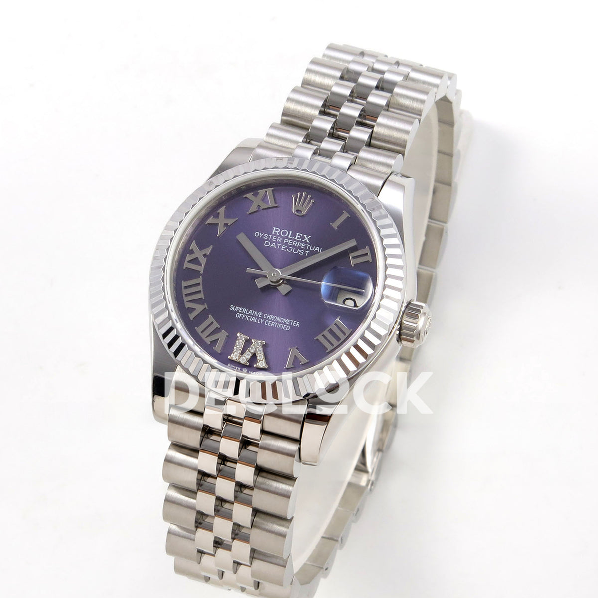Rolex Datejust 31 278274 Purple Roman VI Gem Jubilee XRF A2236 replica - Three-quarter view of the purple Roman VI gem dial, silver-tone fluted bezel and steel Jubilee bracelet