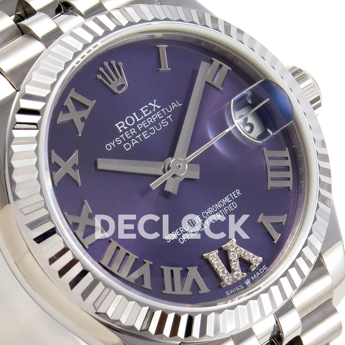 Rolex Datejust 31 278274 Purple Roman VI Gem Jubilee XRF A2236 replica - Angled macro view of the purple Roman dial, gem-set VI, silver-tone fluted bezel and magnified date
