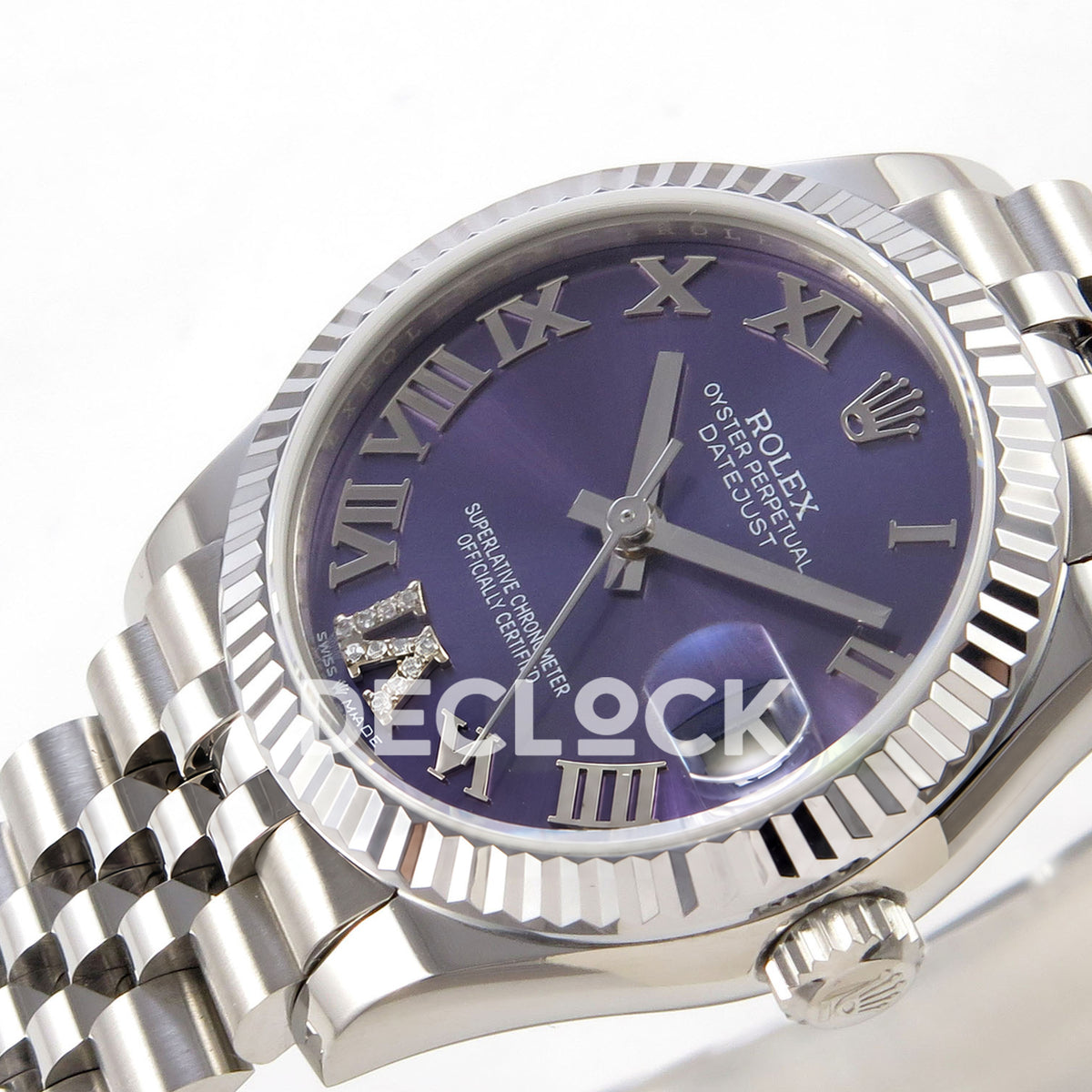 Rolex Datejust 31 278274 Purple Roman VI Gem Jubilee XRF A2236 replica - Opposite macro view of the purple Roman dial, gem-set VI and winding crown beside the steel Jubilee bracelet