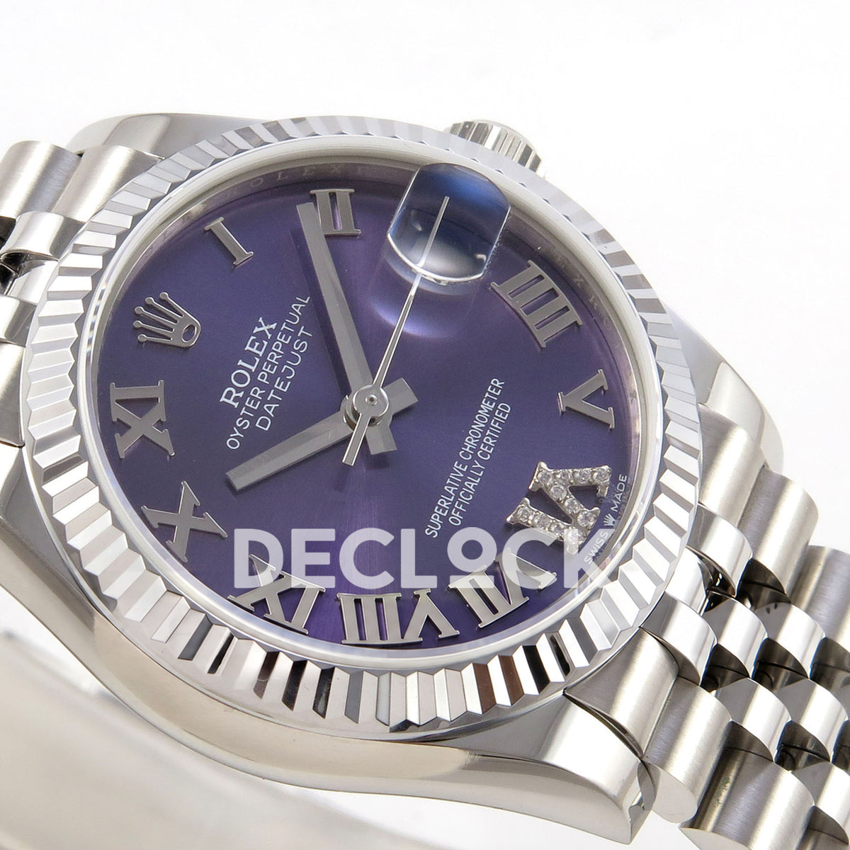 Rolex Datejust 31 278274 Purple Roman VI Gem Jubilee XRF A2236 replica - Side macro view of the purple Roman dial, gem-set VI, fluted bezel and steel Jubilee links