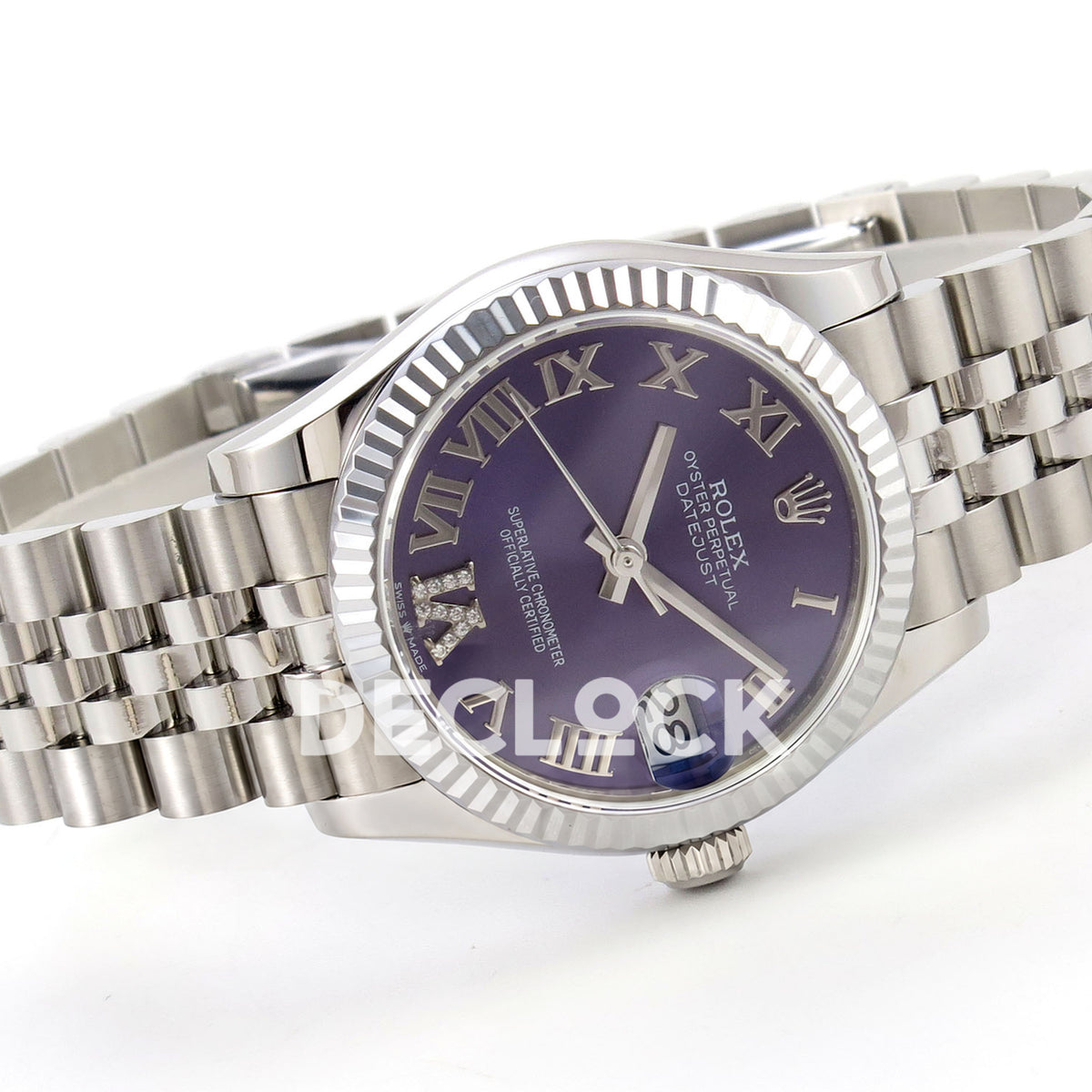 Rolex Datejust 31 278274 Purple Roman VI Gem Jubilee XRF A2236 replica - Three-quarter view of the purple Roman dial with decorative gem VI and steel Jubilee bracelet