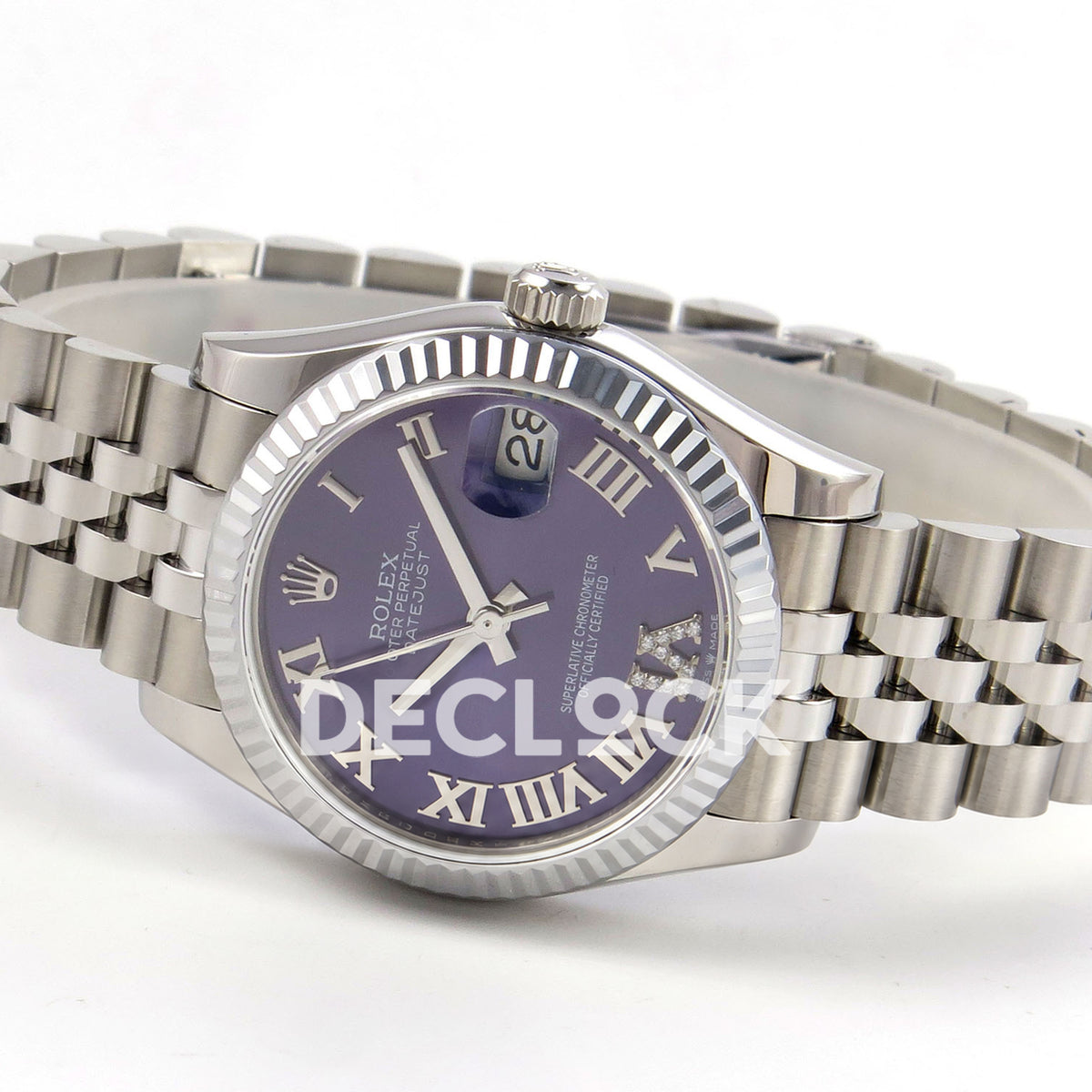 Rolex Datejust 31 278274 Purple Roman VI Gem Jubilee XRF A2236 replica - Opposite three-quarter view of the purple Roman dial with decorative gem VI and steel Jubilee bracelet
