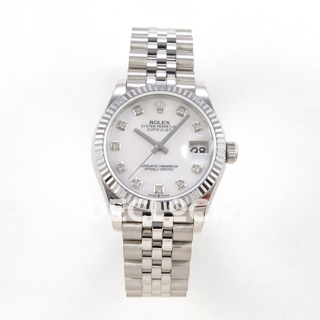 Rolex Datejust 31 278274 White MOP Diamond Jubilee XRF A2236 replica - Frontal view of the white mother-of-pearl gem-set dial, steel fluted bezel and Jubilee bracelet 278274