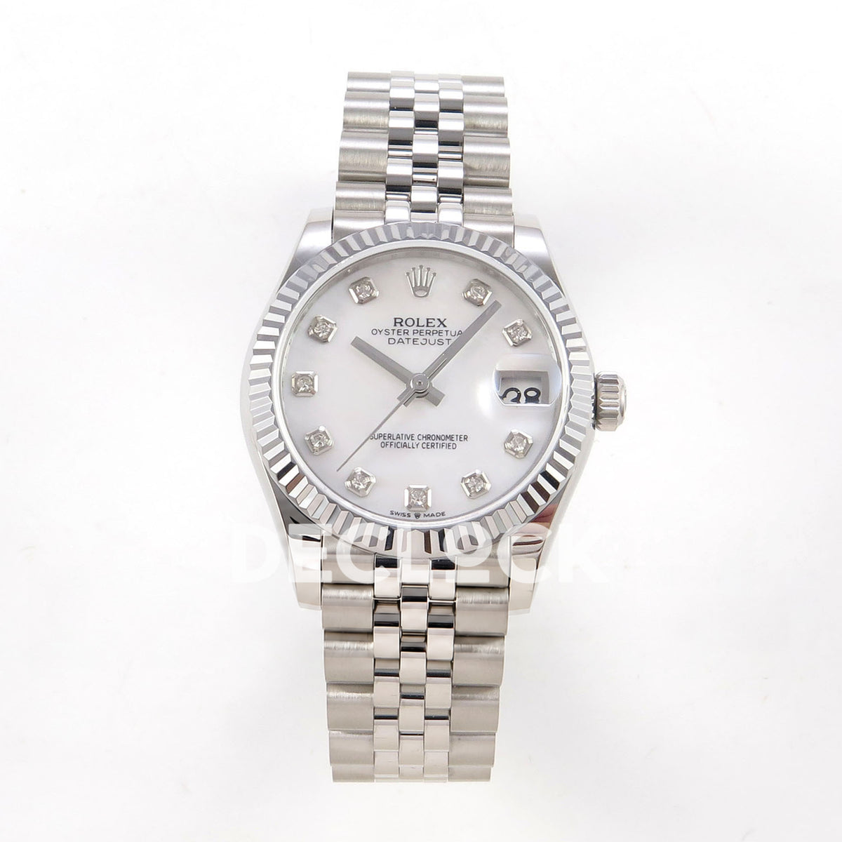 Rolex Datejust 31 278274 White MOP Diamond Jubilee XRF A2236 replica - Frontal view of the white mother-of-pearl gem-set dial, steel fluted bezel and Jubilee bracelet