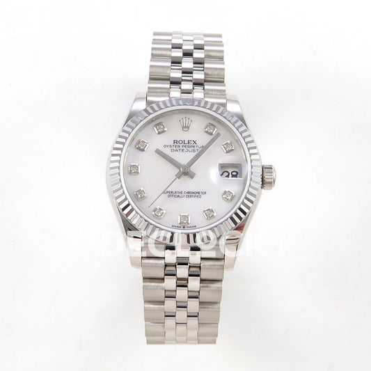 Rolex Datejust 31 278274 White MOP Diamond Jubilee XRF A2236 replica - Frontal view of the white mother-of-pearl gem-set dial, steel fluted bezel and Jubilee bracelet