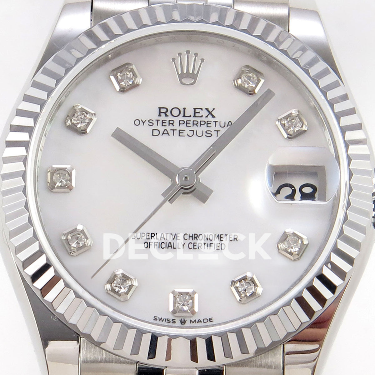 Rolex Datejust 31 278274 White MOP Diamond Jubilee XRF A2236 replica - Macro frontal view of the white mother-of-pearl dial, gem hour markers, hands and magnified date