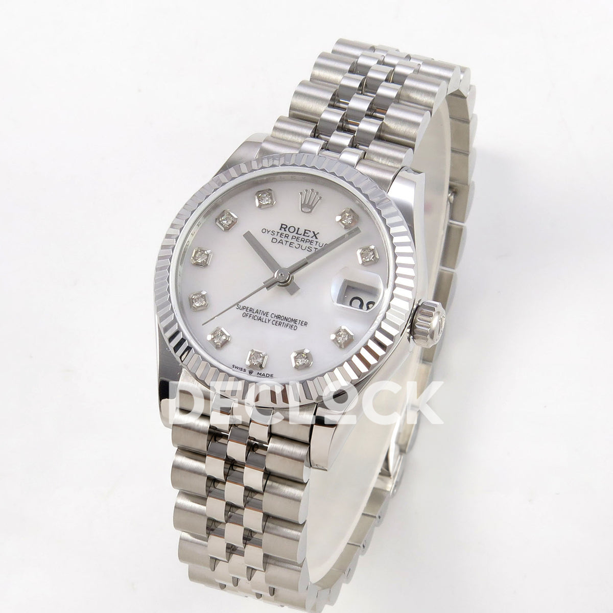 Rolex Datejust 31 278274 White MOP Diamond Jubilee XRF A2236 replica - Three-quarter view of the white mother-of-pearl gem-set dial, fluted bezel and Jubilee bracelet