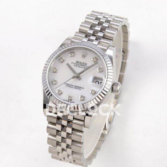 Rolex Datejust 31 278274 White MOP Diamond Jubilee XRF A2236 replica - Three-quarter view of the white mother-of-pearl gem-set dial, fluted bezel and Jubilee bracelet