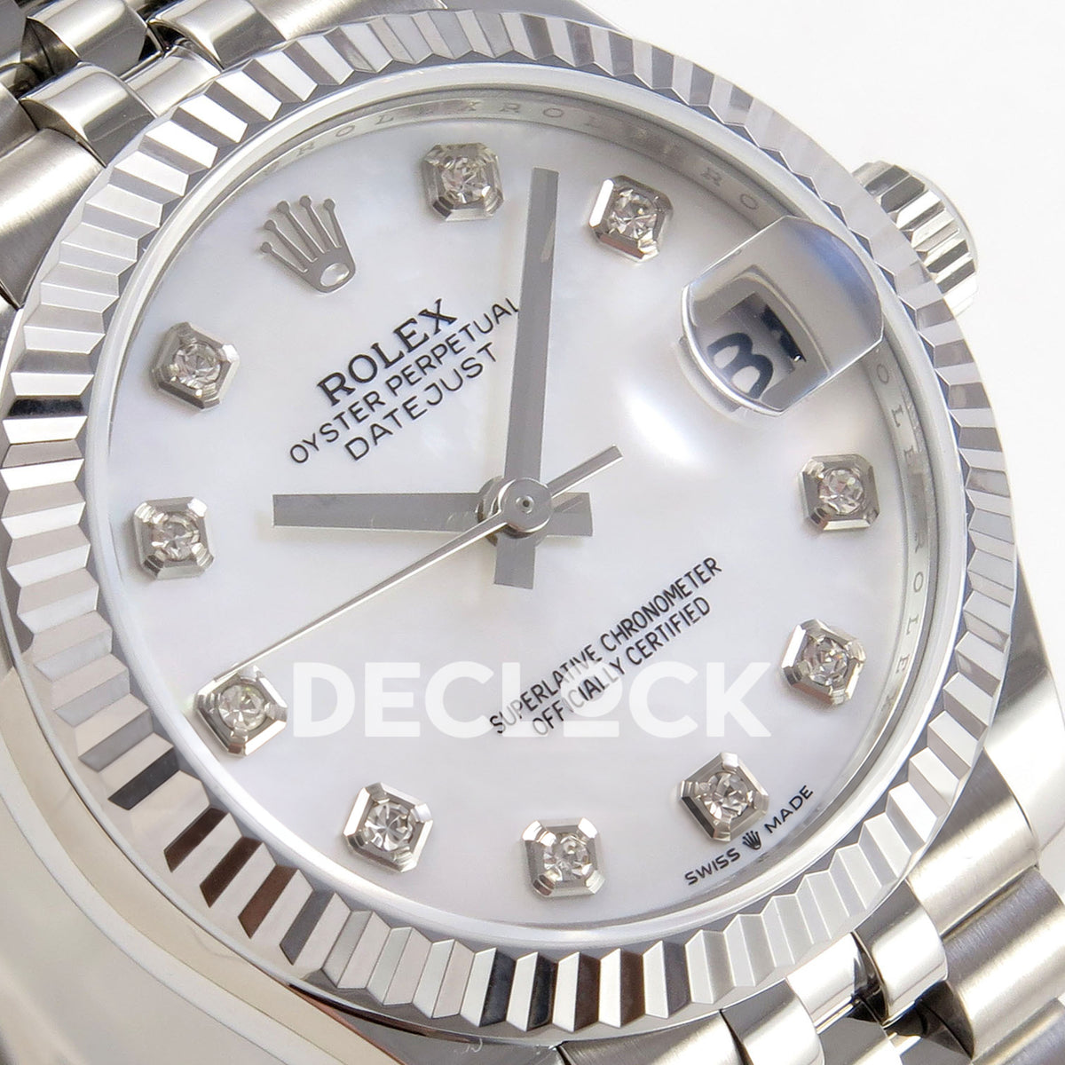 Rolex Datejust 31 278274 White MOP Diamond Jubilee XRF A2236 replica - Angled macro view of the white mother-of-pearl dial, gem hour markers, fluted bezel and crown