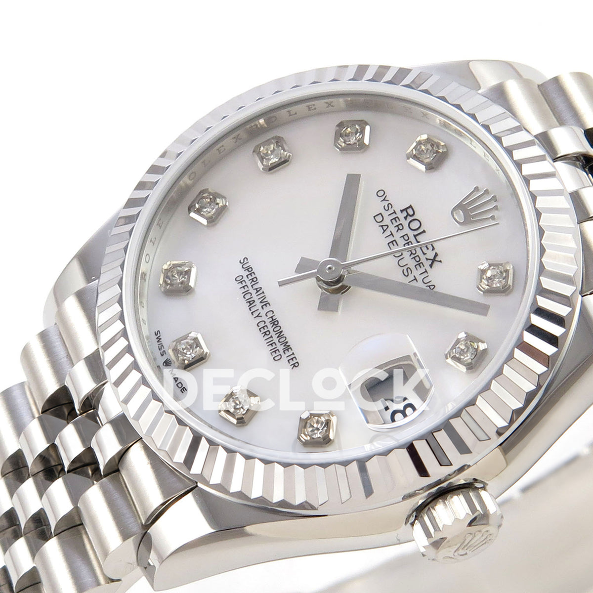 Rolex Datejust 31 278274 White MOP Diamond Jubilee XRF A2236 replica - Angled macro view of the white MOP gem dial, date lens and winding crown