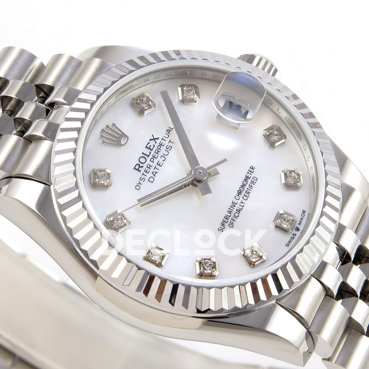 Rolex Datejust 31 278274 White MOP Diamond Jubilee XRF A2236 replica - Opposite macro view of the white MOP gem dial and polished steel Jubilee