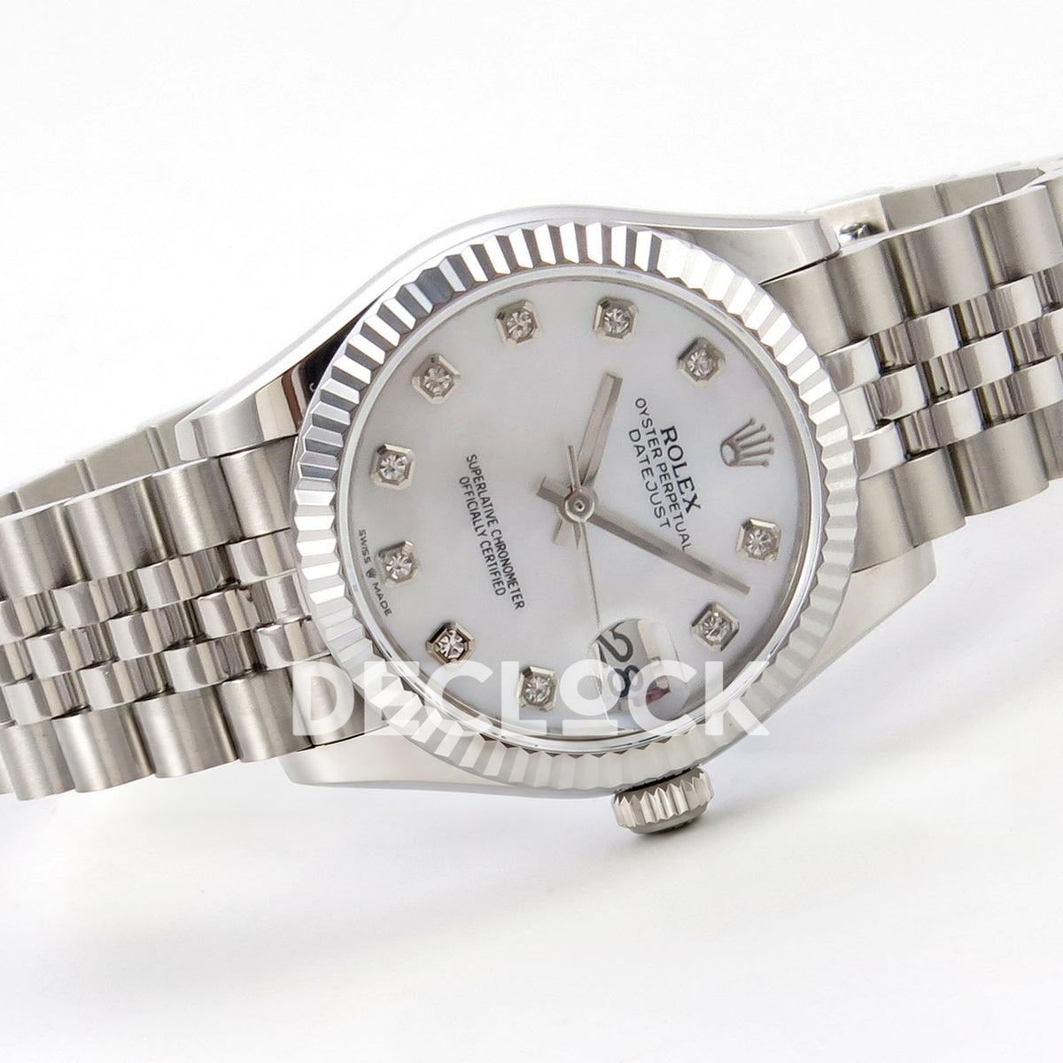 Rolex Datejust 31 278274 White MOP Diamond Jubilee XRF A2236 replica - Three-quarter view of the white MOP gem dial and open steel Jubilee bracelet