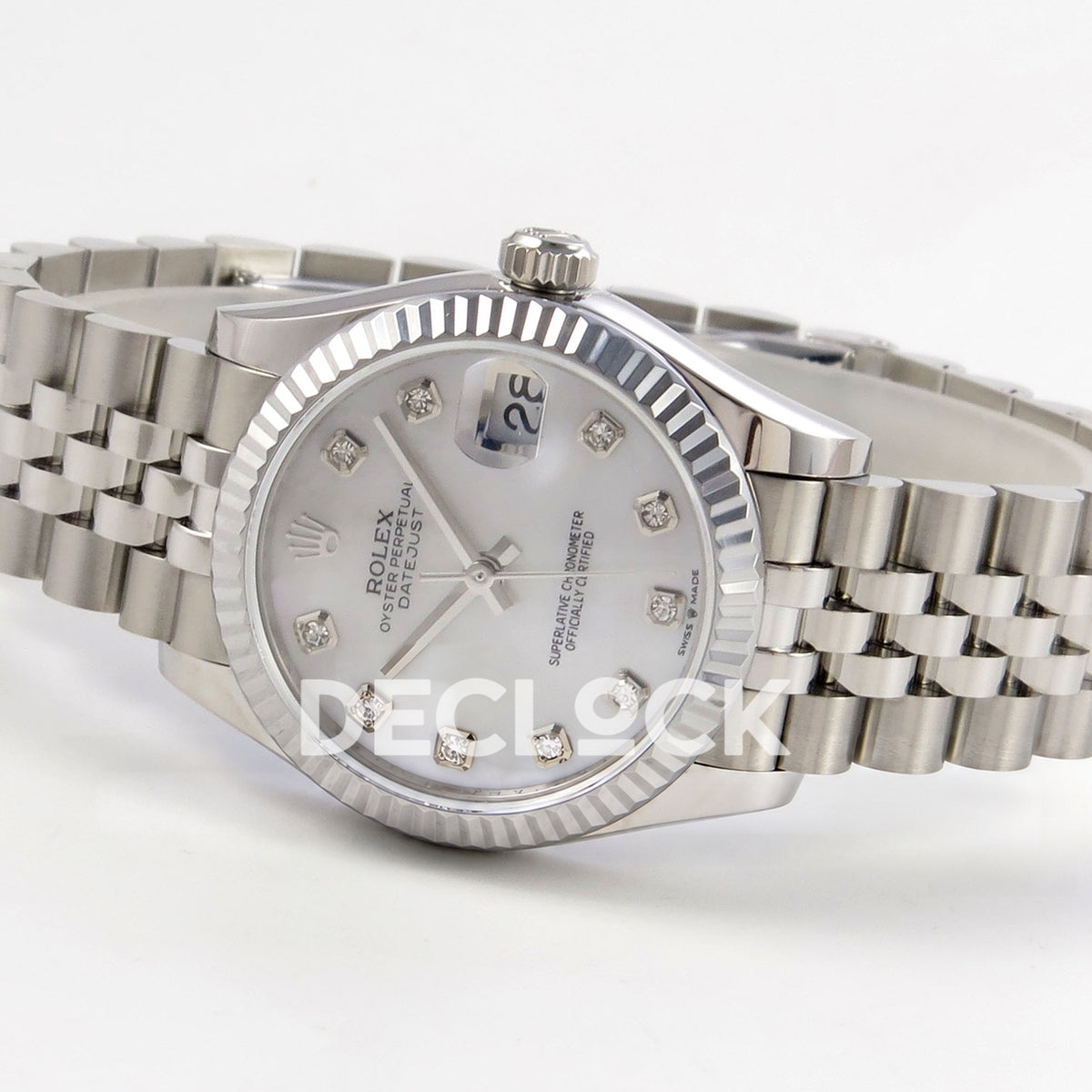 Rolex Datejust 31 278274 White MOP Diamond Jubilee XRF A2236 replica - Opposite three-quarter view of the white MOP gem dial and steel Jubilee bracelet