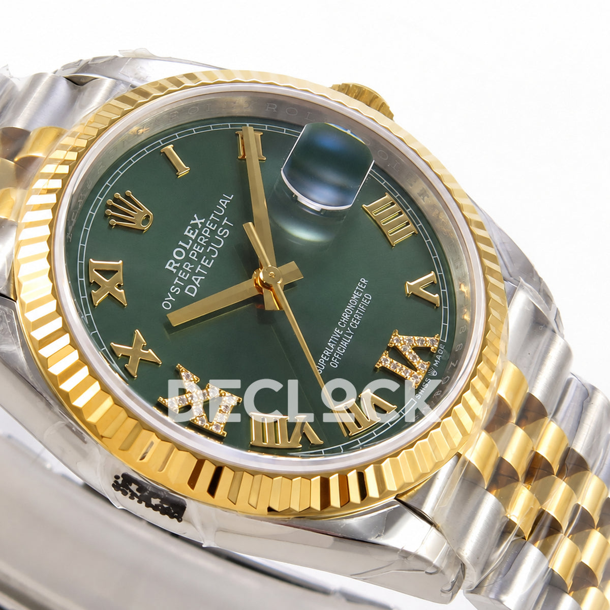 Rolex Datejust 36 126233-0049 VSF green Roman dial two-tone Jubilee VS3235 V2 — dial angle