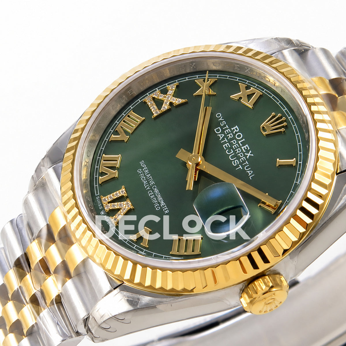 Rolex Datejust 36 126233-0049 VSF green Roman dial two-tone Jubilee VS3235 V2 — dial crown side