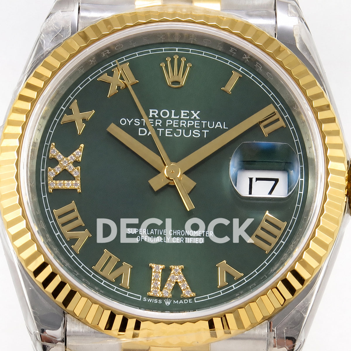 Rolex Datejust 36 126233-0049 VSF green Roman dial two-tone Jubilee VS3235 V2 — dial detail