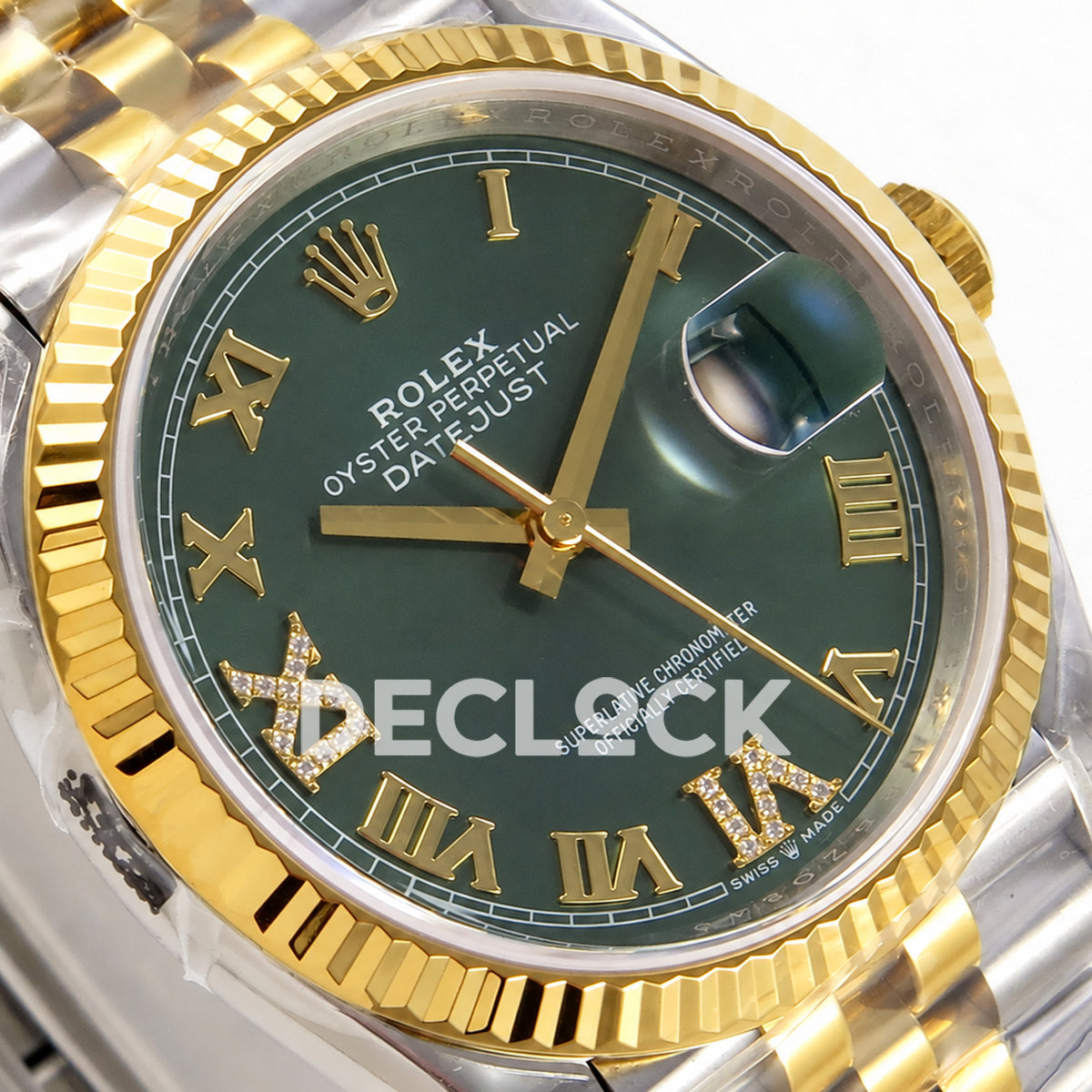 Rolex Datejust 36 126233-0049 VSF green Roman dial two-tone Jubilee VS3235 V2 — dial left