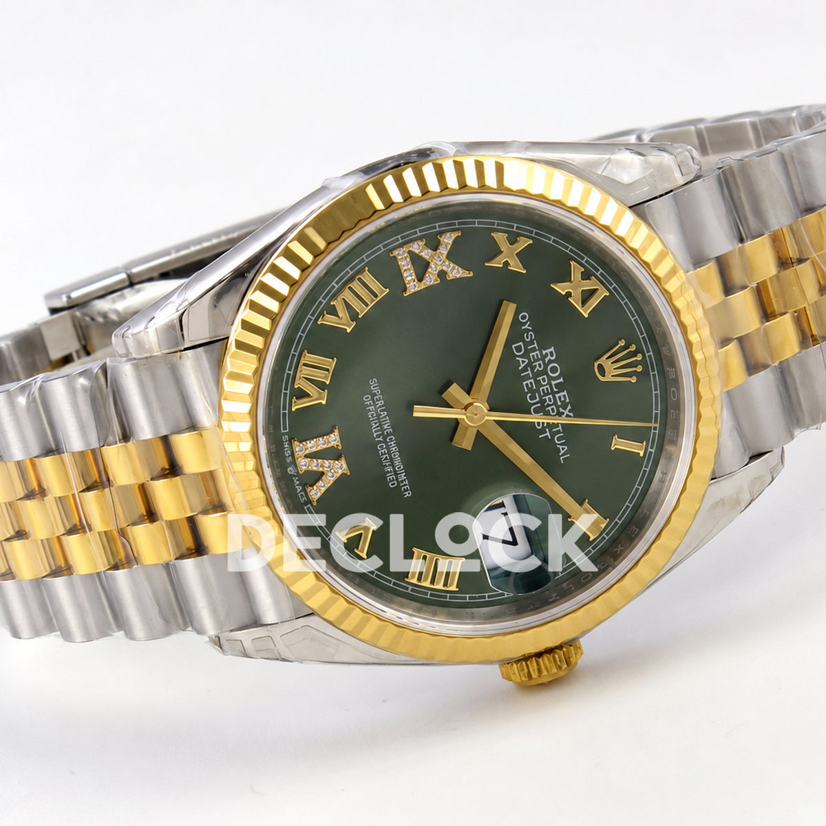 Rolex Datejust 36 126233-0049 VSF green Roman dial two-tone Jubilee VS3235 V2 — horizontal front