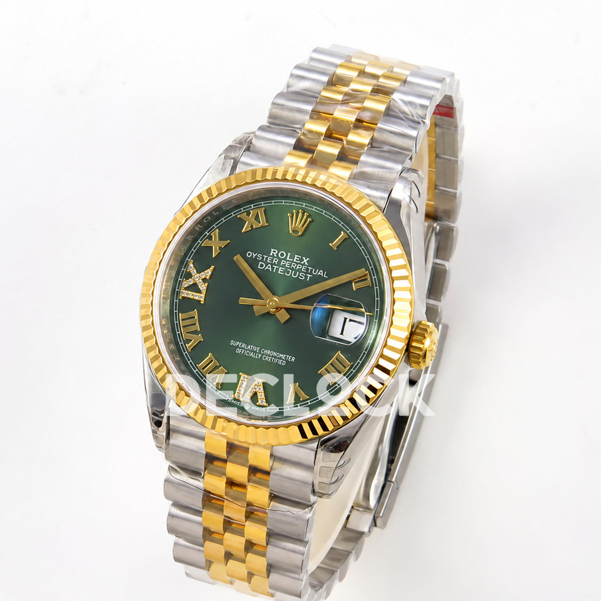 Rolex Datejust 36 126233-0049 VSF green Roman dial two-tone Jubilee VS3235 V2 — three quarter front