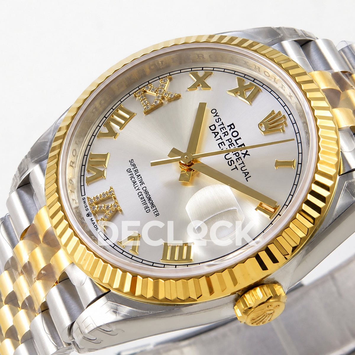 Rolex Datejust 36 126233-0031 VSF silver Roman dial two-tone Jubilee VS3235 V2 — crown dial angle