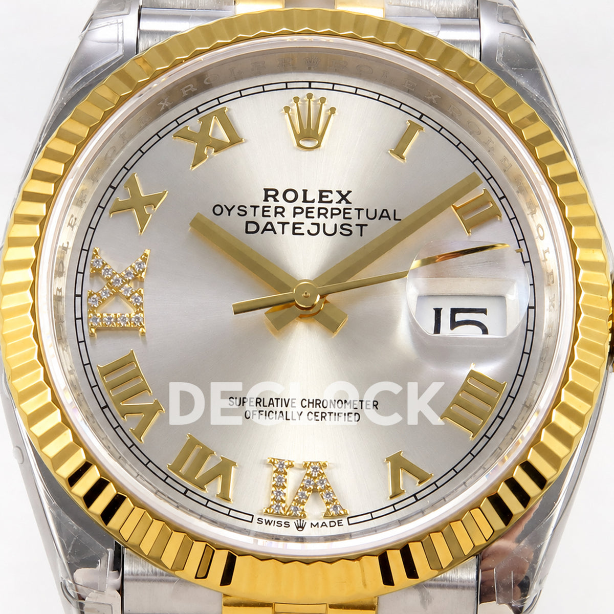 Rolex Datejust 36 126233-0031 VSF silver Roman dial two-tone Jubilee VS3235 V2 — dial detail