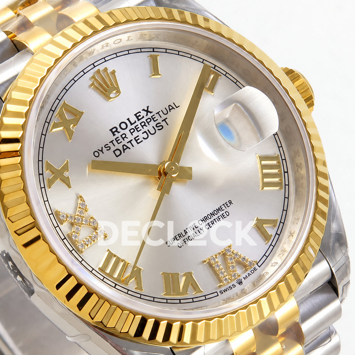 Rolex Datejust 36 126233-0031 VSF silver Roman dial two-tone Jubilee VS3235 V2 — dial left angle
