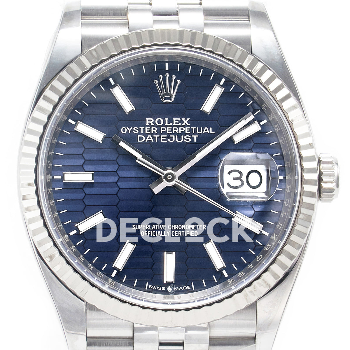 Rolex Datejust 36 126234 Blue Fluted Jubilee — λεπτομέρεια καντράν