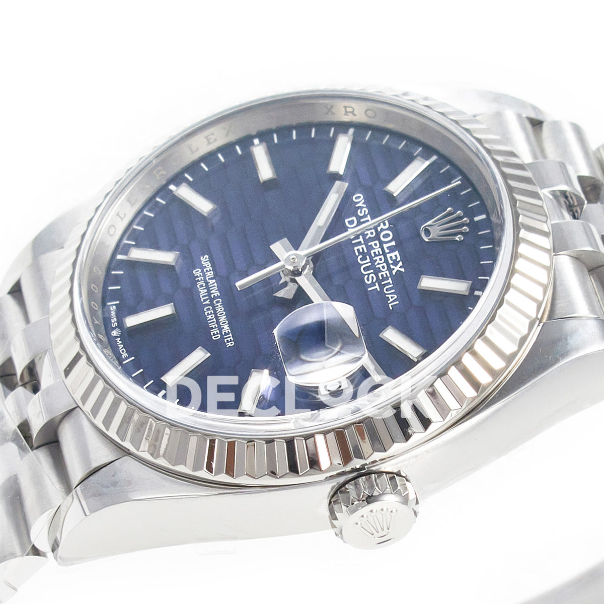 Rolex Datejust 36 126234 Blue Fluted Jubilee — πλαϊνή όψη με κορώνα