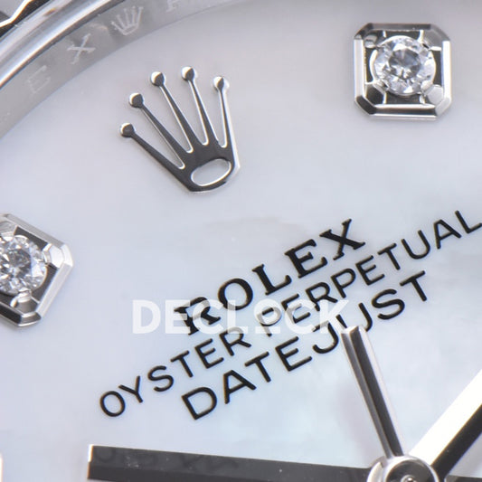 Rolex Datejust 36 126234 White MOP Diamond Jubilee — δείκτες και λογότυπο