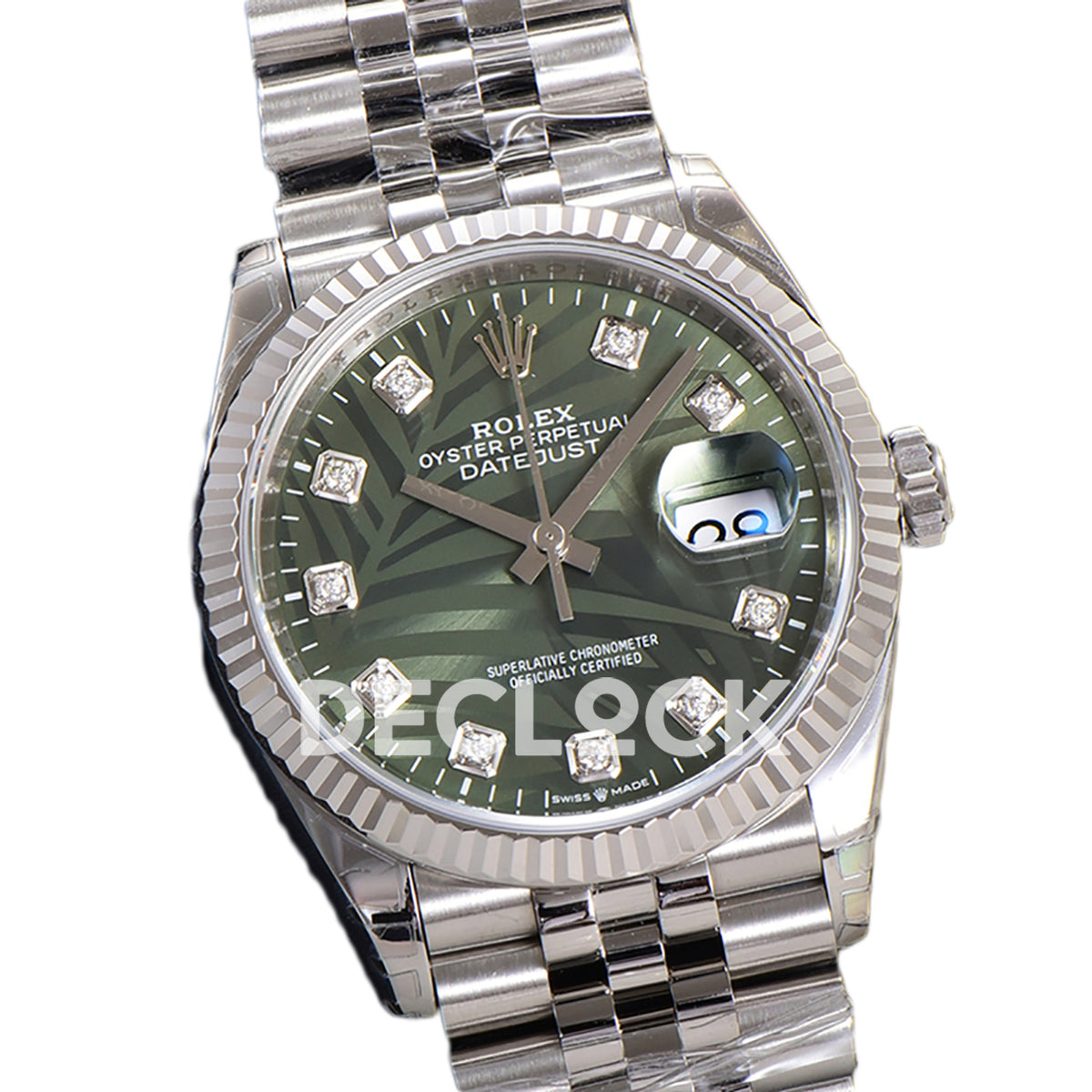 Rolex Datejust 36 126334 Olive Green Palm Diamond Jubilee — λοξή όψη καντράν