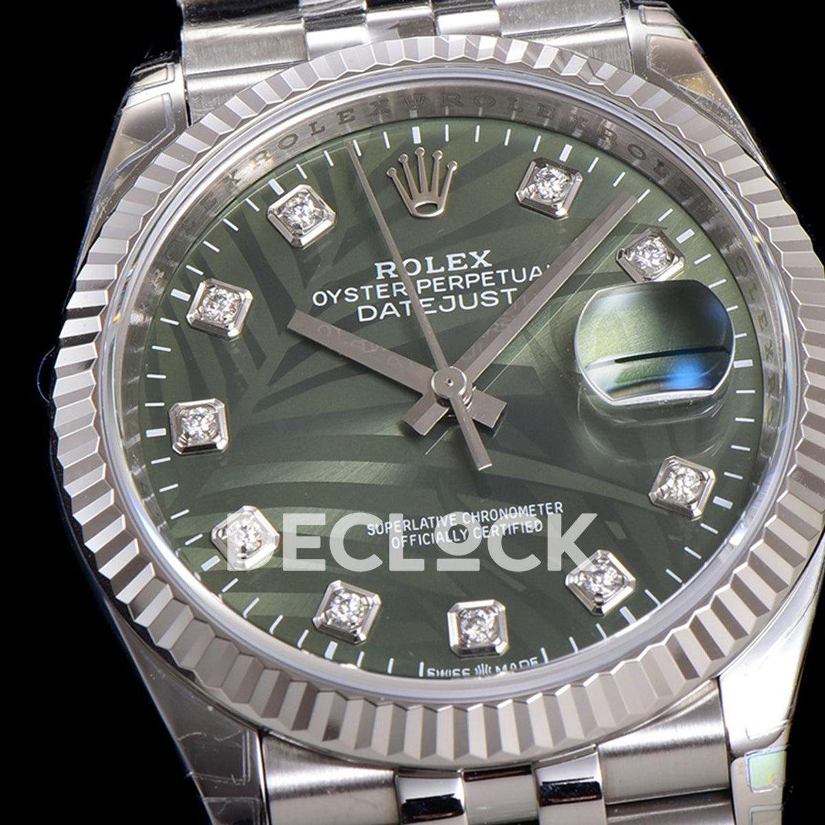 Rolex Datejust 36 126334 Olive Green Palm Diamond Jubilee — λεπτομέρεια καντράν
