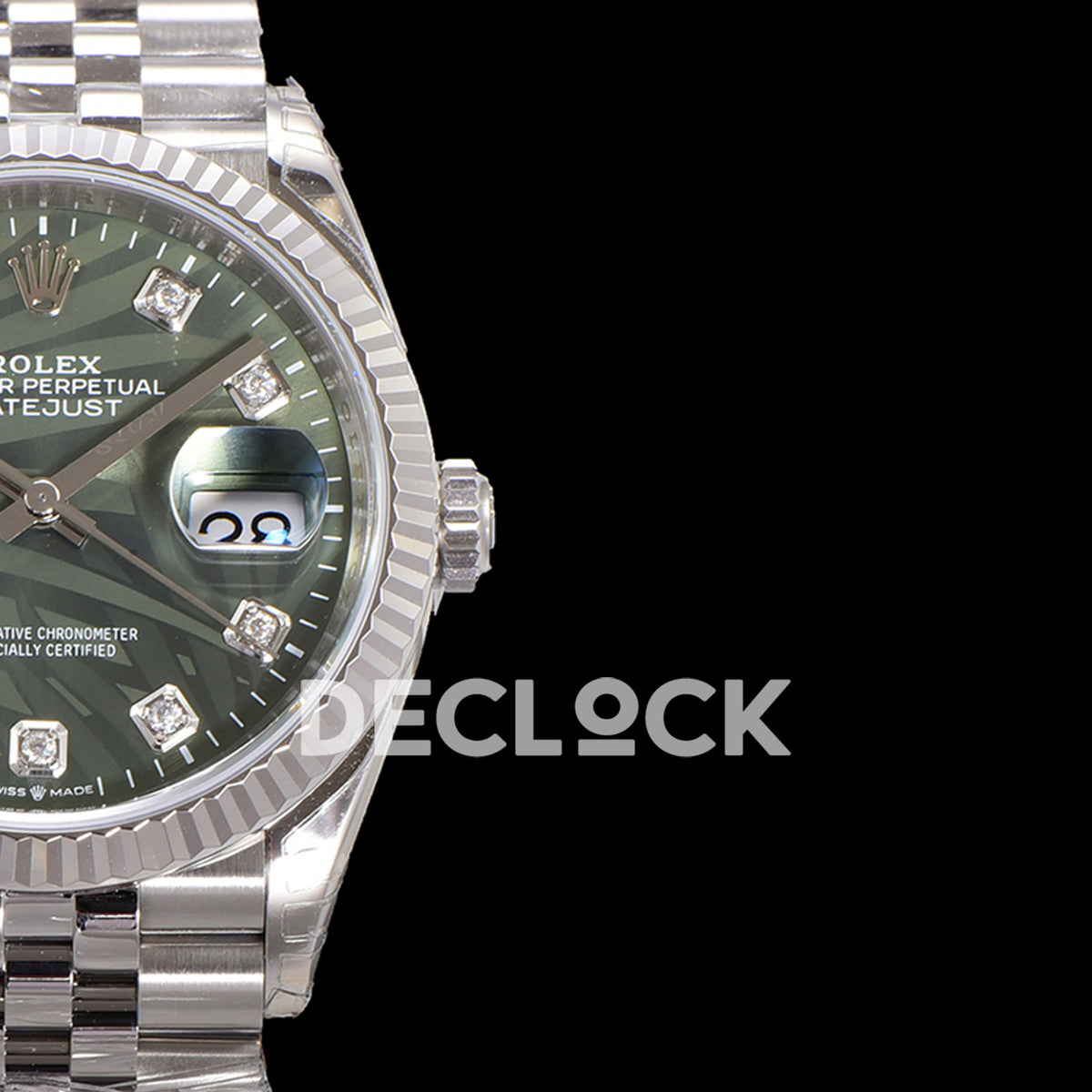 Rolex Datejust 36 126334 Olive Green Palm Diamond Jubilee — όψη κάσας και καντράν