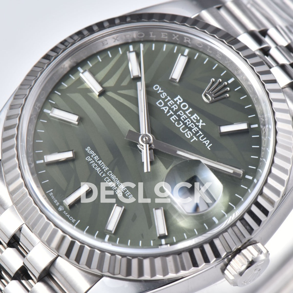Rolex Datejust 36 126334 Olive Green Palm Stick Jubilee — μοτίβο φύλλων