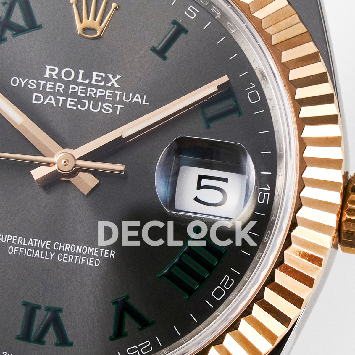 Rolex Datejust 41 126331 Wimbledon Rose Gold ARF Oyster Gain Weight — Λεπτομέρεια καντράν και κορώνας