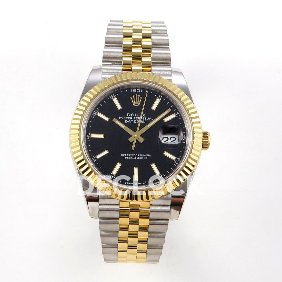 Rolex Datejust 41 126333 Black Jubilee QF JH3235 Free Sprung replica - frontal view of the black luminous-stick dial and two-tone jubilee bracelet 126333