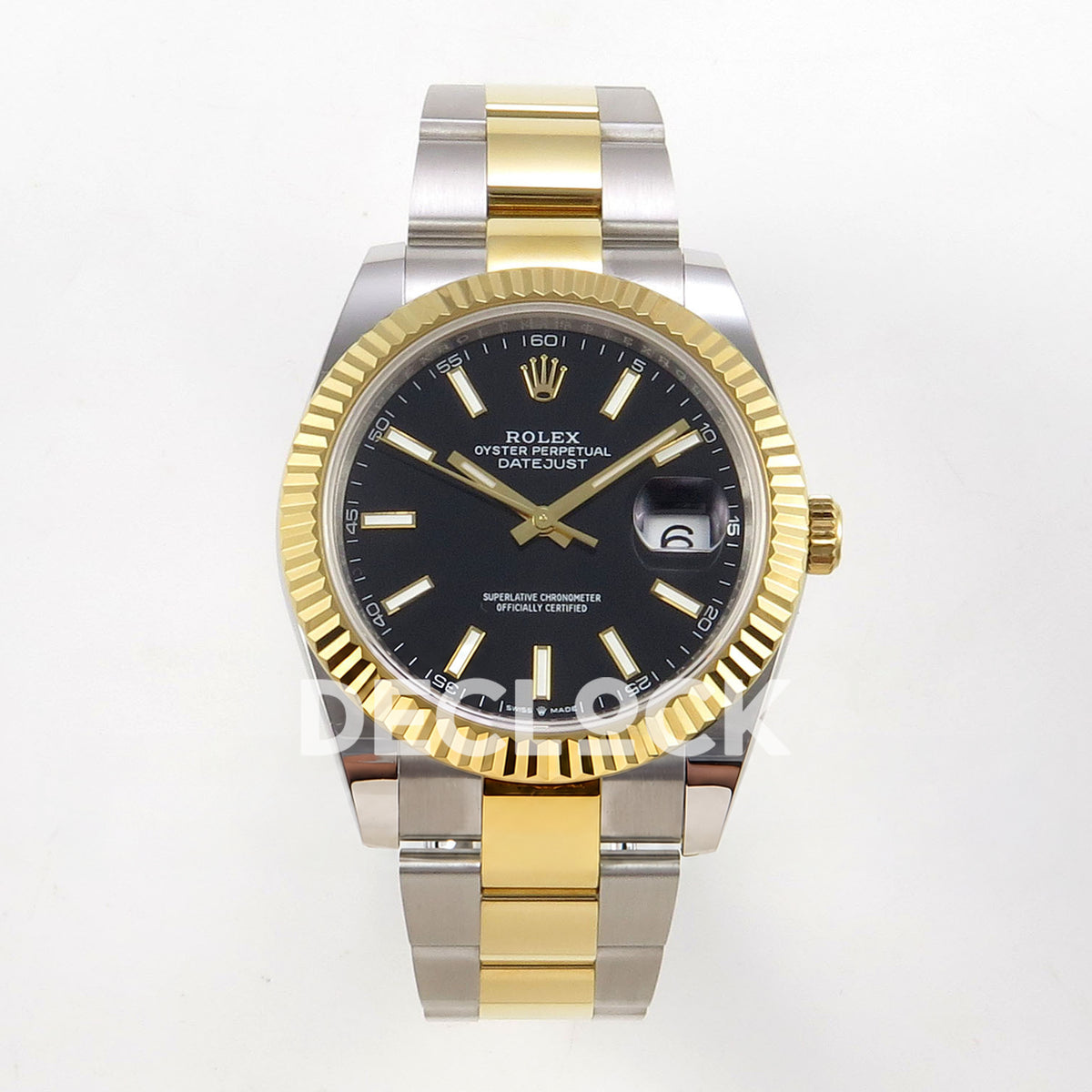 Rolex Datejust 41 126333 Black Oyster QF JH3235 Free Sprung replica - frontal view of the black luminous stick dial and two-tone oyster bracelet