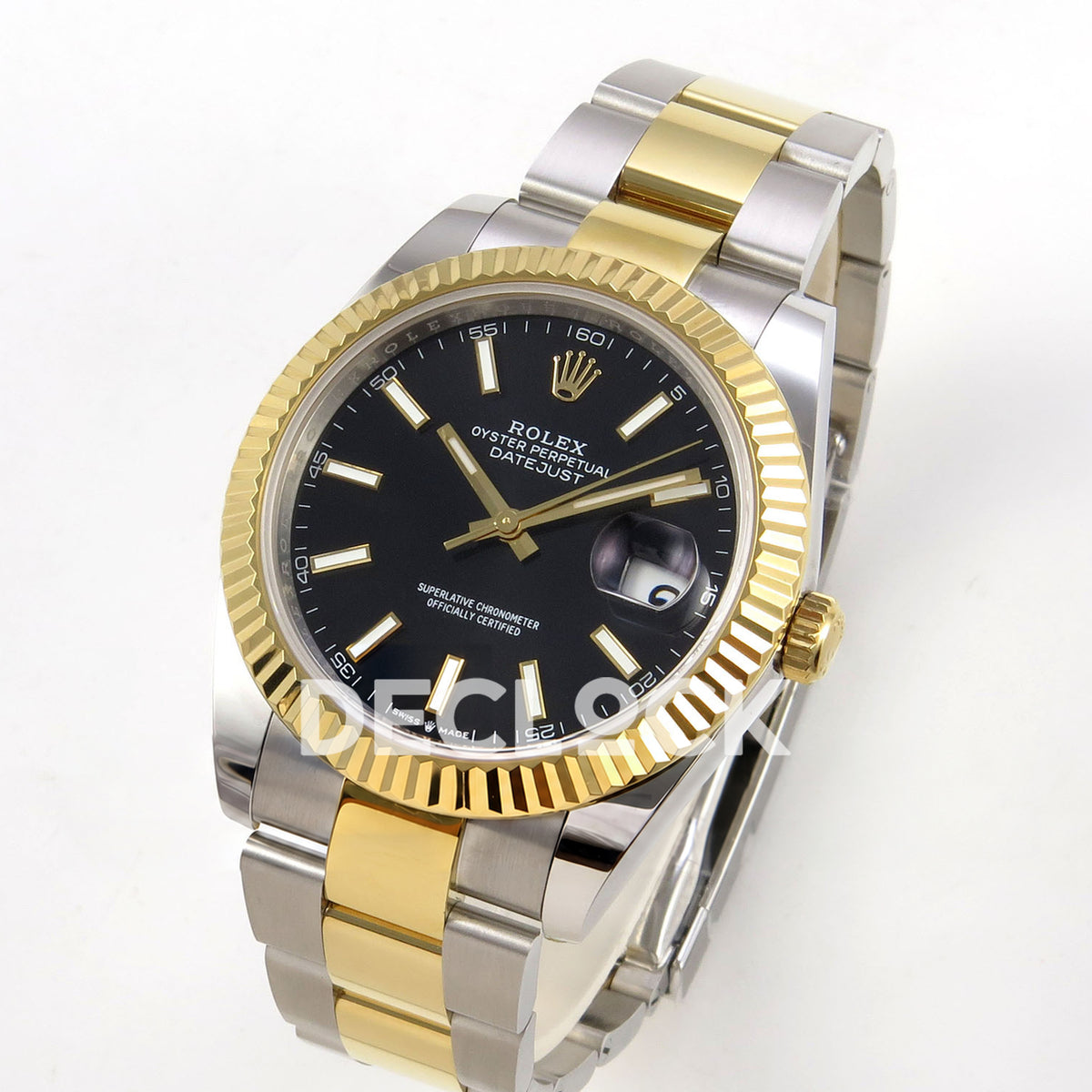 Rolex Datejust 41 126333 Black Oyster QF JH3235 Free Sprung replica - three-quarter view of the black luminous stick dial and open two-tone oyster bracelet