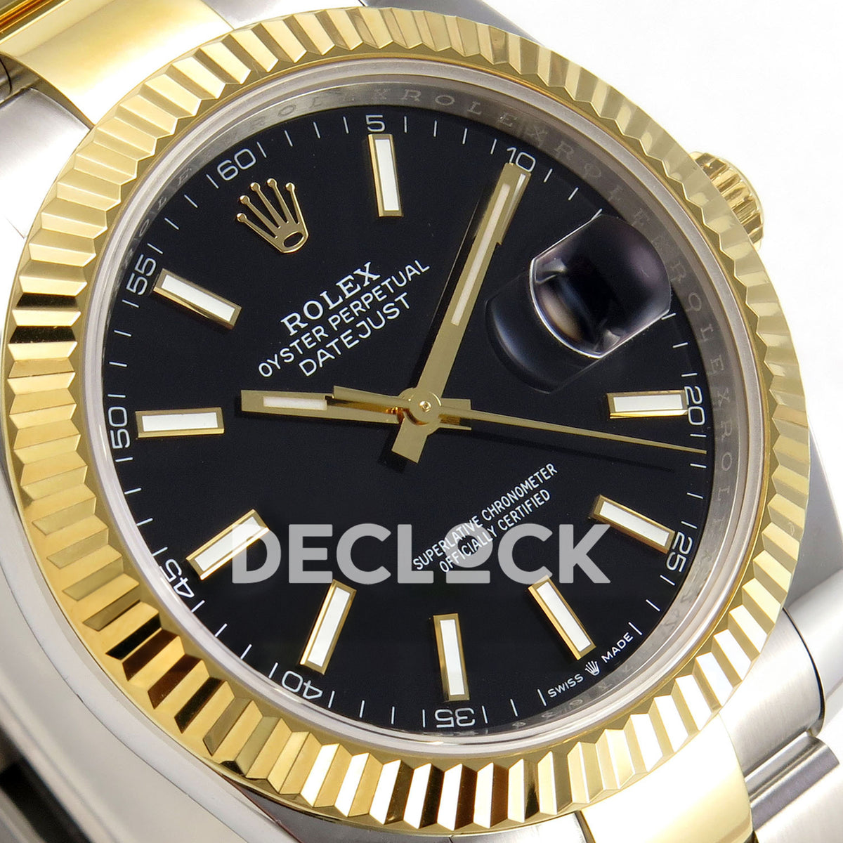 Rolex Datejust 41 126333 black luminous stick dial two-tone Oyster QF JH3235 replica - black luminous stick dial closeup from left angle