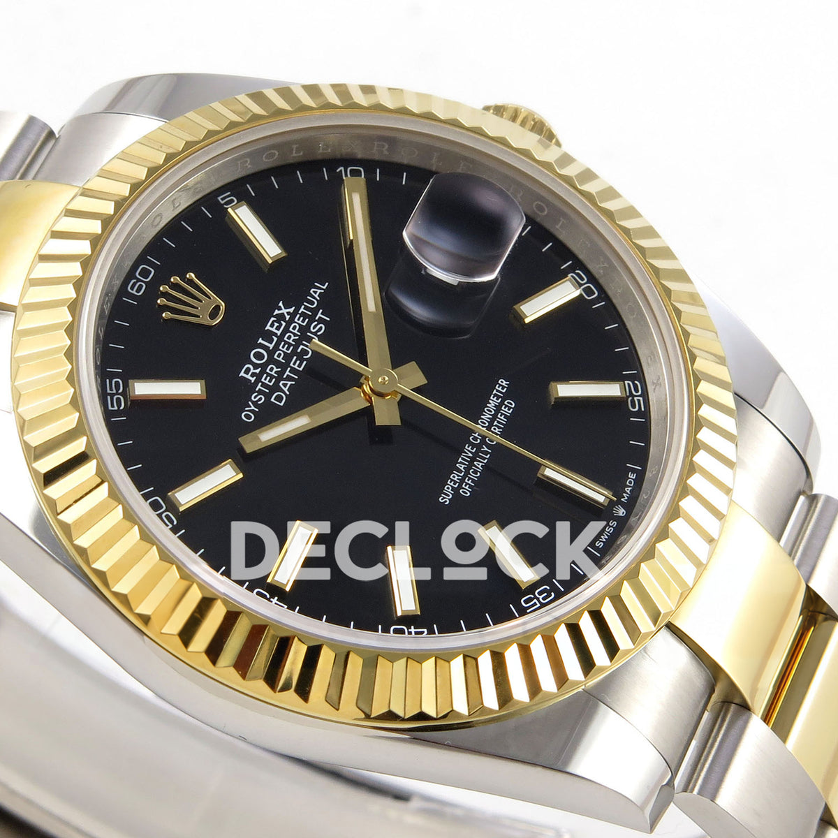 Rolex Datejust 41 126333 black luminous stick dial two-tone Oyster QF JH3235 replica - black stick dial and two-tone Oyster from oblique side angle