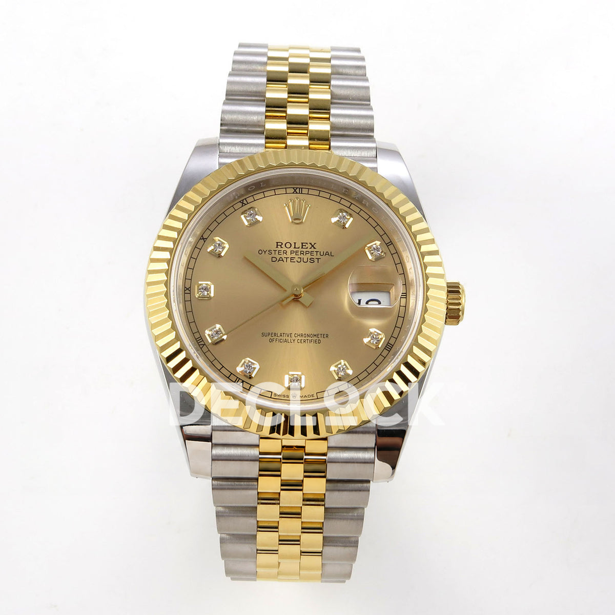 Rolex Datejust 41 126333 Champagne Diamond Jubilee QF JH3235 Free Sprung replica - frontal view of the champagne sunburst gem dial and two-tone jubilee bracelet