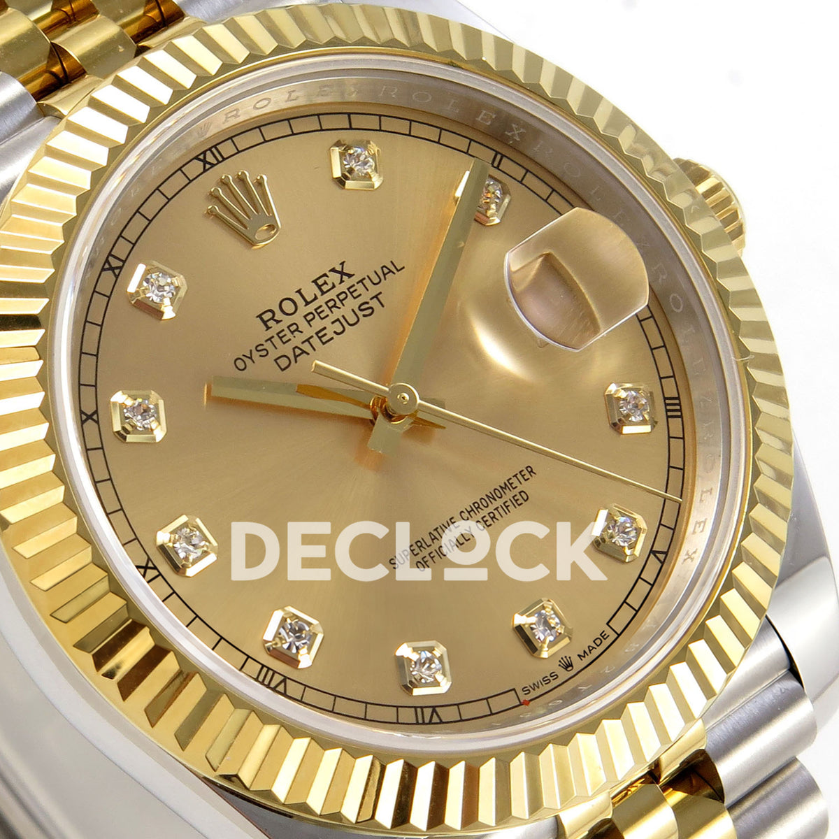 Rolex Datejust 41 126333 Champagne Diamond Jubilee QF JH3235 Free Sprung replica - diagonal macro of the champagne sunburst gem dial with gold square mounts and fluted bezel