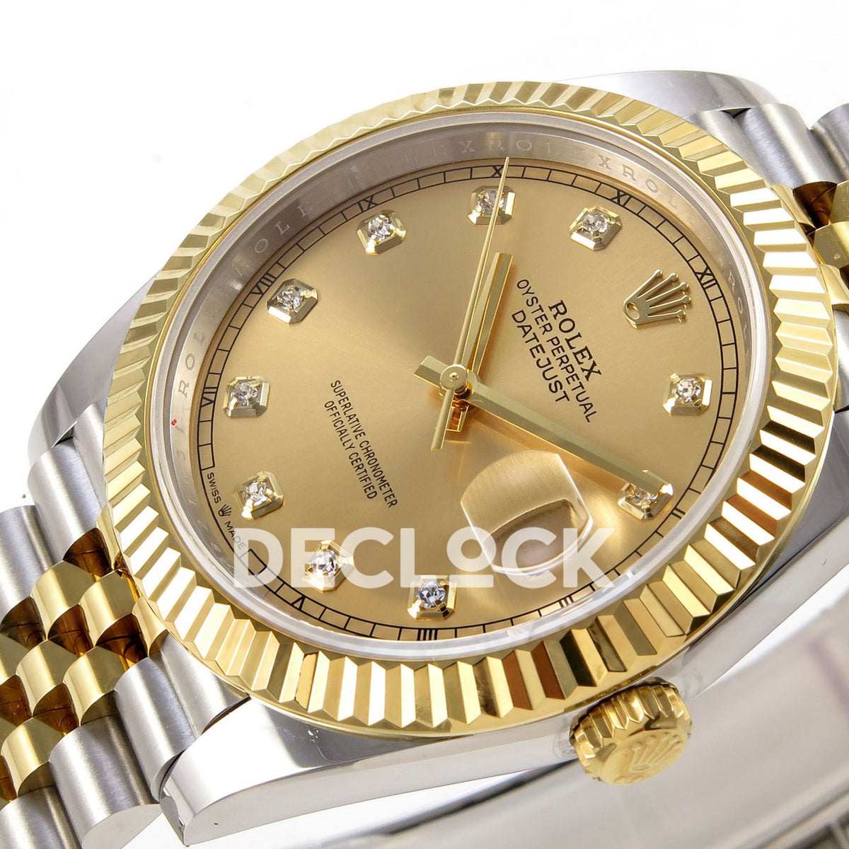 Rolex Datejust 41 126333 Champagne Diamond Jubilee QF JH3235 Free Sprung replica - clockwise crown-side close-up of the champagne gem dial and two-tone Jubilee bracelet