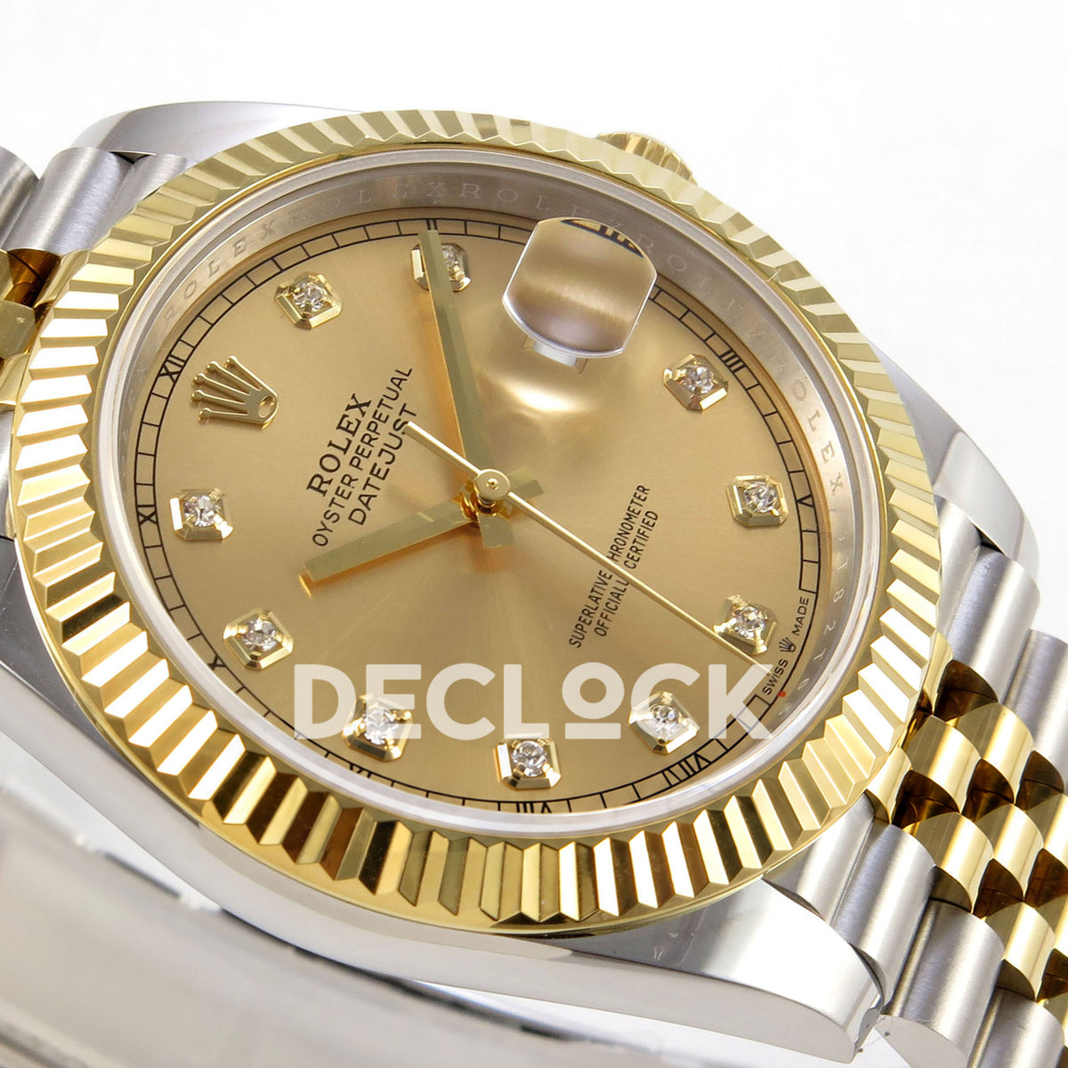 Rolex Datejust 41 126333 Champagne Diamond Jubilee QF JH3235 Free Sprung replica - opposite-angle close-up of the champagne gem dial, solid gold hands and two-tone Jubilee bracelet