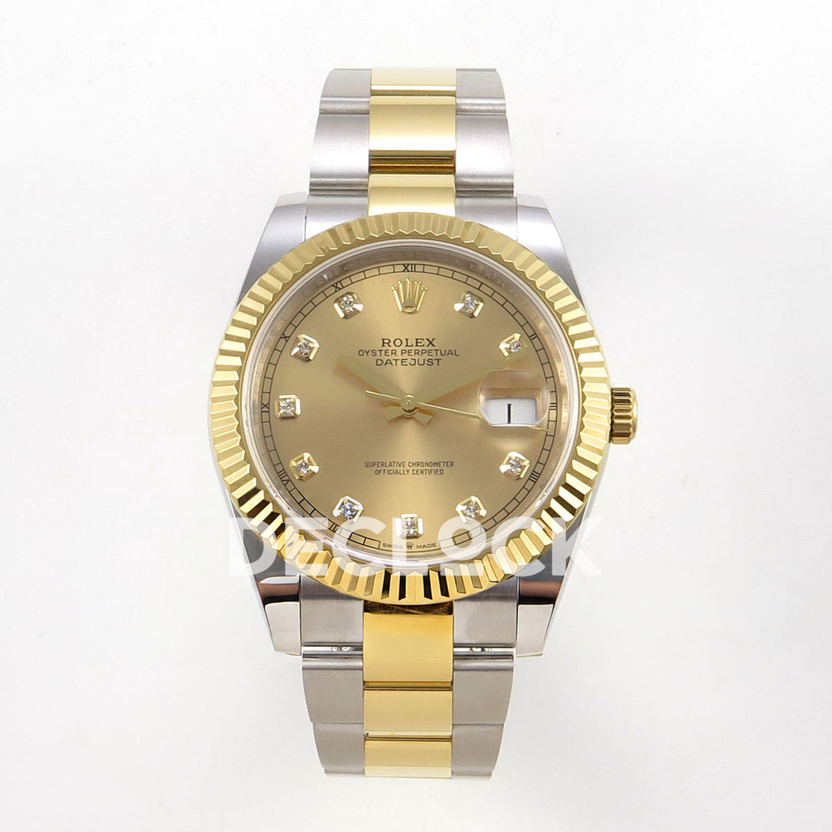 Rolex Datejust 41 126333 Champagne Diamond Oyster QF JH3235 Free Sprung replica - frontal view of the champagne gem dial and two-tone oyster bracelet