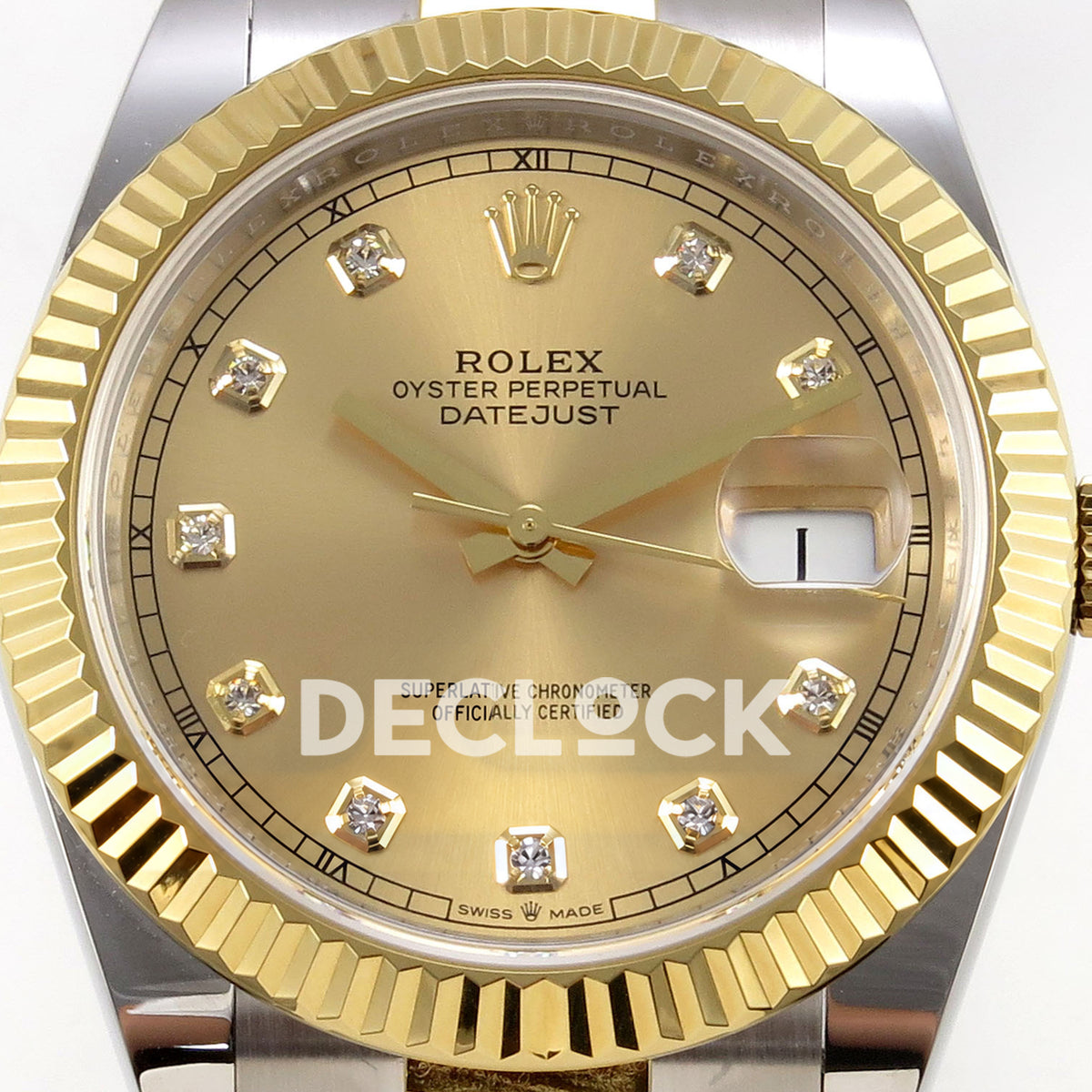 Rolex Datejust 41 126333 Champagne Diamond Oyster QF JH3235 Free Sprung replica - close frontal view of the champagne gem dial and yellow-gold fluted bezel