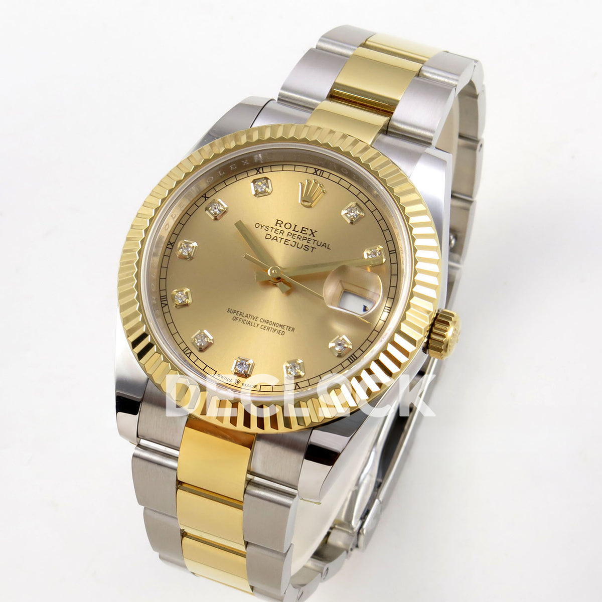 Rolex Datejust 41 126333 Champagne Diamond Oyster QF JH3235 Free Sprung replica - three-quarter view of the champagne gem dial and open two-tone oyster bracelet