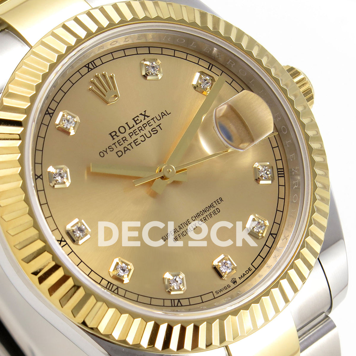 Rolex Datejust 41 126333 champagne diamond dial two-tone Oyster QF JH3235 replica - champagne gem dial closeup from left angle