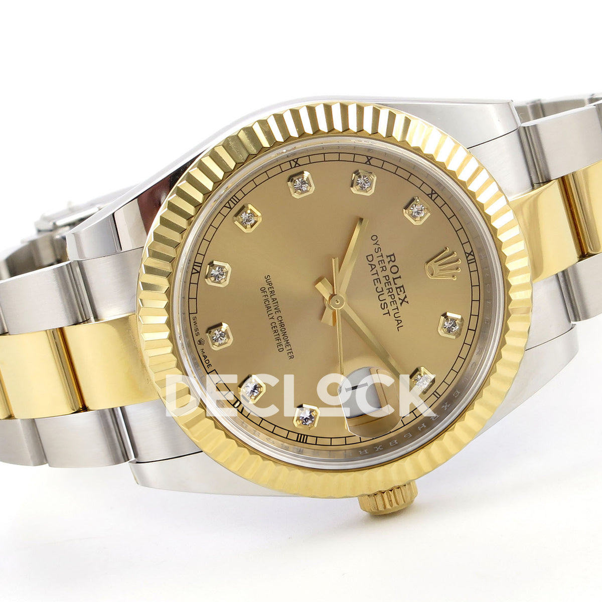 Rolex Datejust 41 126333 QF champagne gem dial and two-tone Oyster bracelet, crown-side angled view