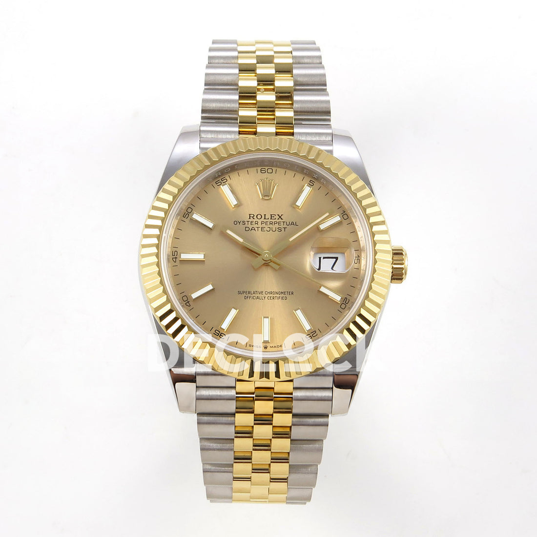 Rolex Datejust 41 126333 Champagne Jubilee QF JH3235 Free Sprung replica - frontal view of the champagne sunburst luminous-stick dial and two-tone jubilee bracelet 126333