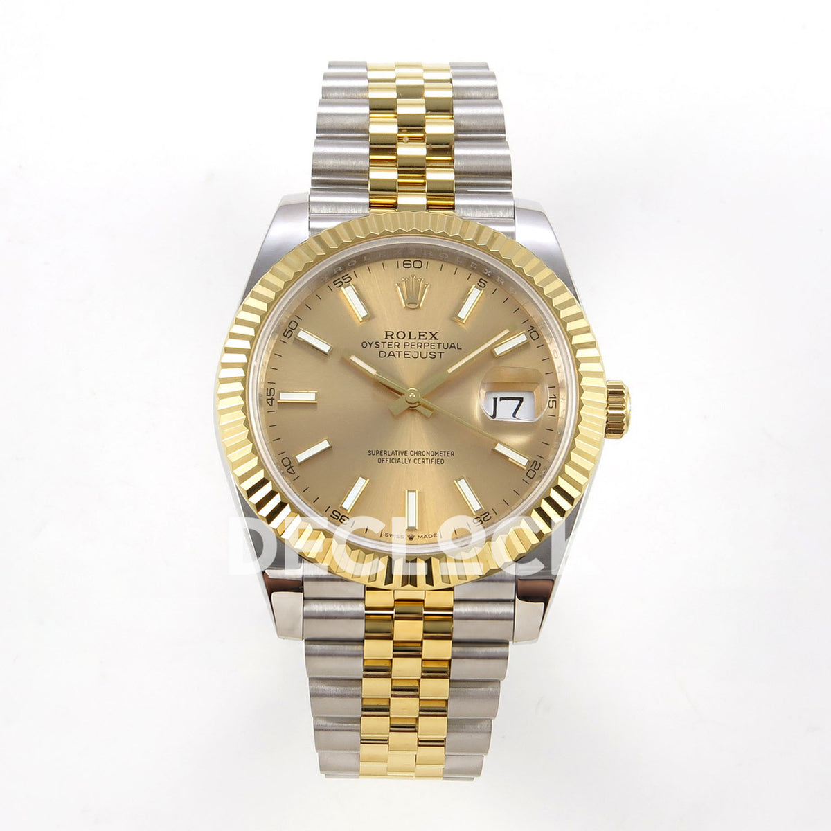 Rolex Datejust 41 126333 Champagne Jubilee QF JH3235 Free Sprung replica - frontal view of the champagne sunburst luminous-stick dial and two-tone jubilee bracelet